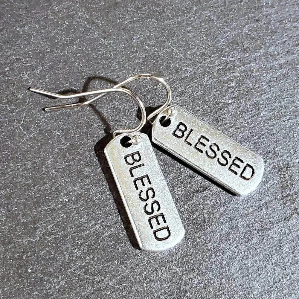 Handcrafted Blessed Inspirational Word Message Carved Silver Black Earrings